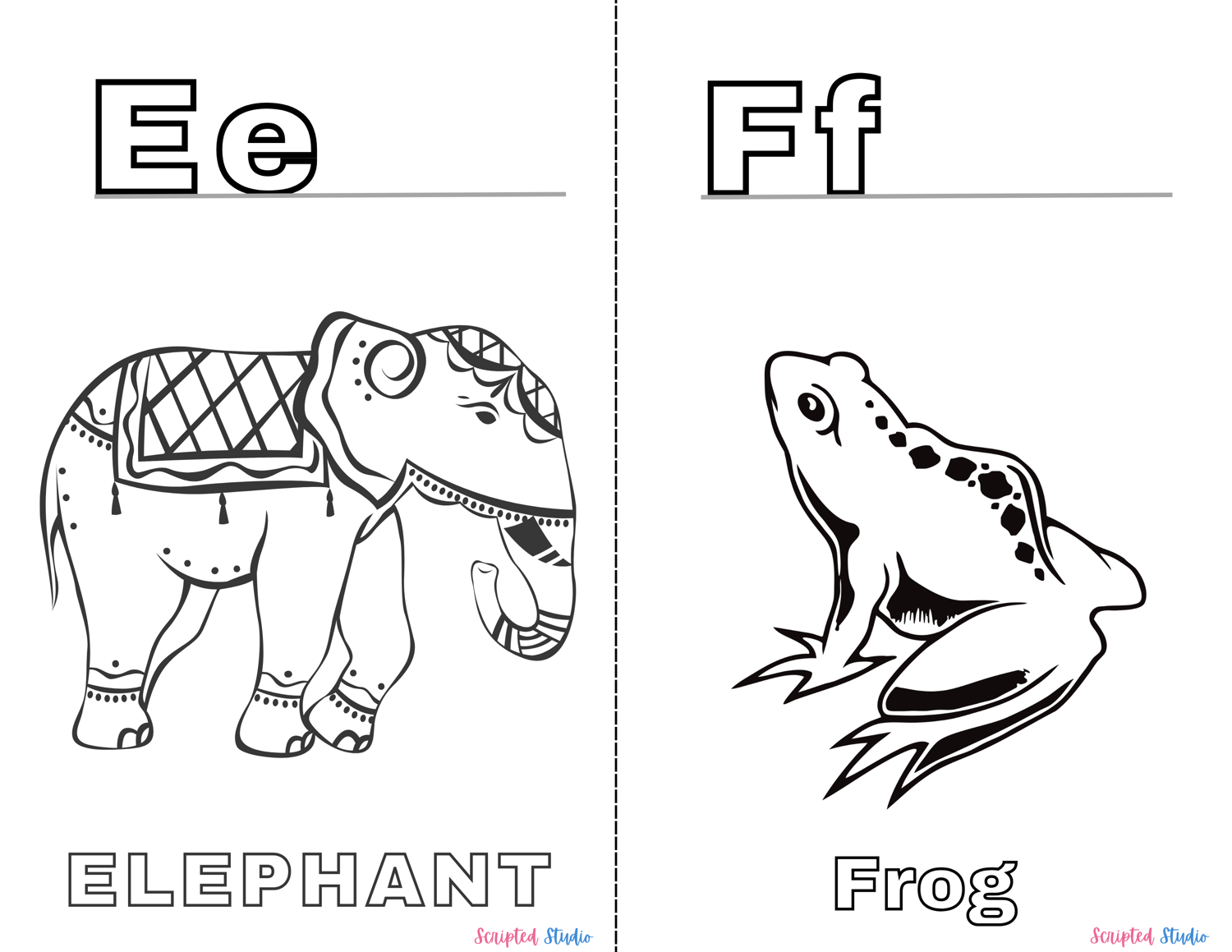 A vibrant coloring book page showing uppercase and lowercase letters alongside fun illustrations like an "E" elephant , "Ff" frog