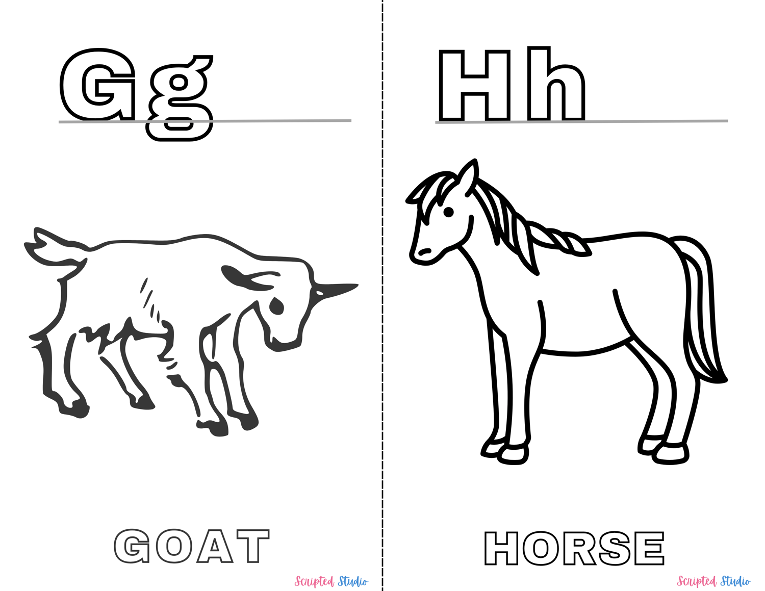 A vibrant coloring book page showing uppercase and lowercase letters alongside fun illustrations like an "Gg" goat, "Hh" horse