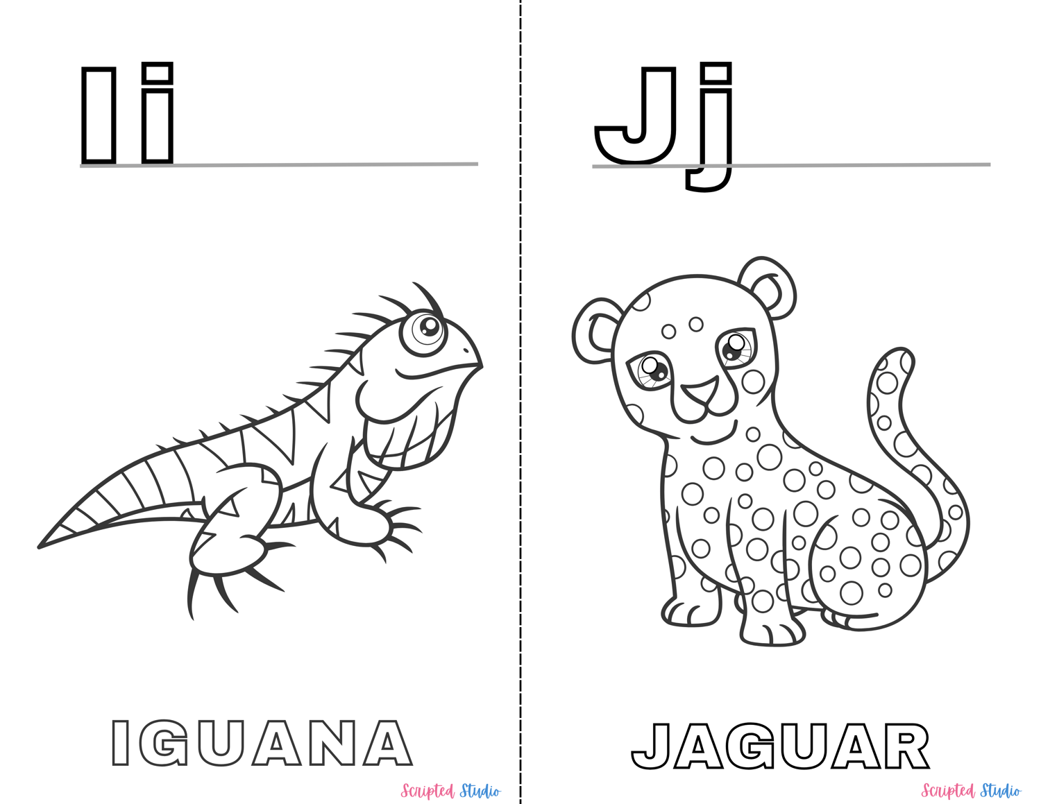 A vibrant coloring book page showing uppercase and lowercase letters alongside fun illustrations like an" !I" Iguana, "Jj" Jaguar