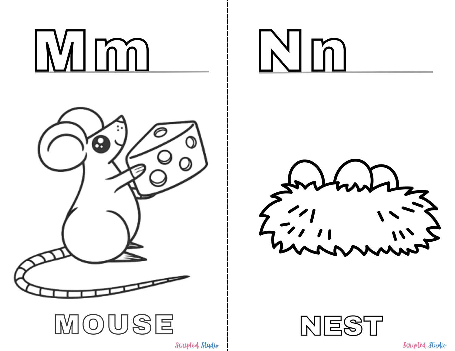 A vibrant coloring book page showing uppercase and lowercase letters alongside fun illustrations like an" "Mm" mouse, "Nn" Nest