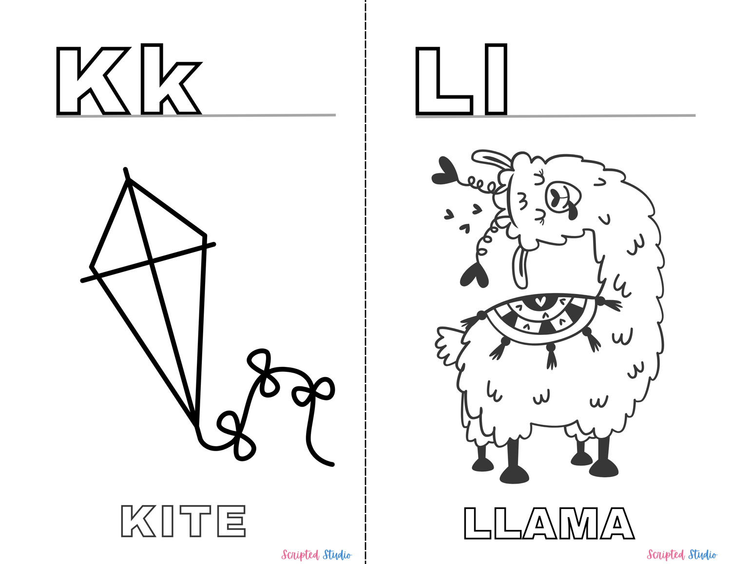 A vibrant coloring book page showing uppercase and lowercase letters alongside fun illustrations like an"  "Kk" Kite, "Ll" Llama