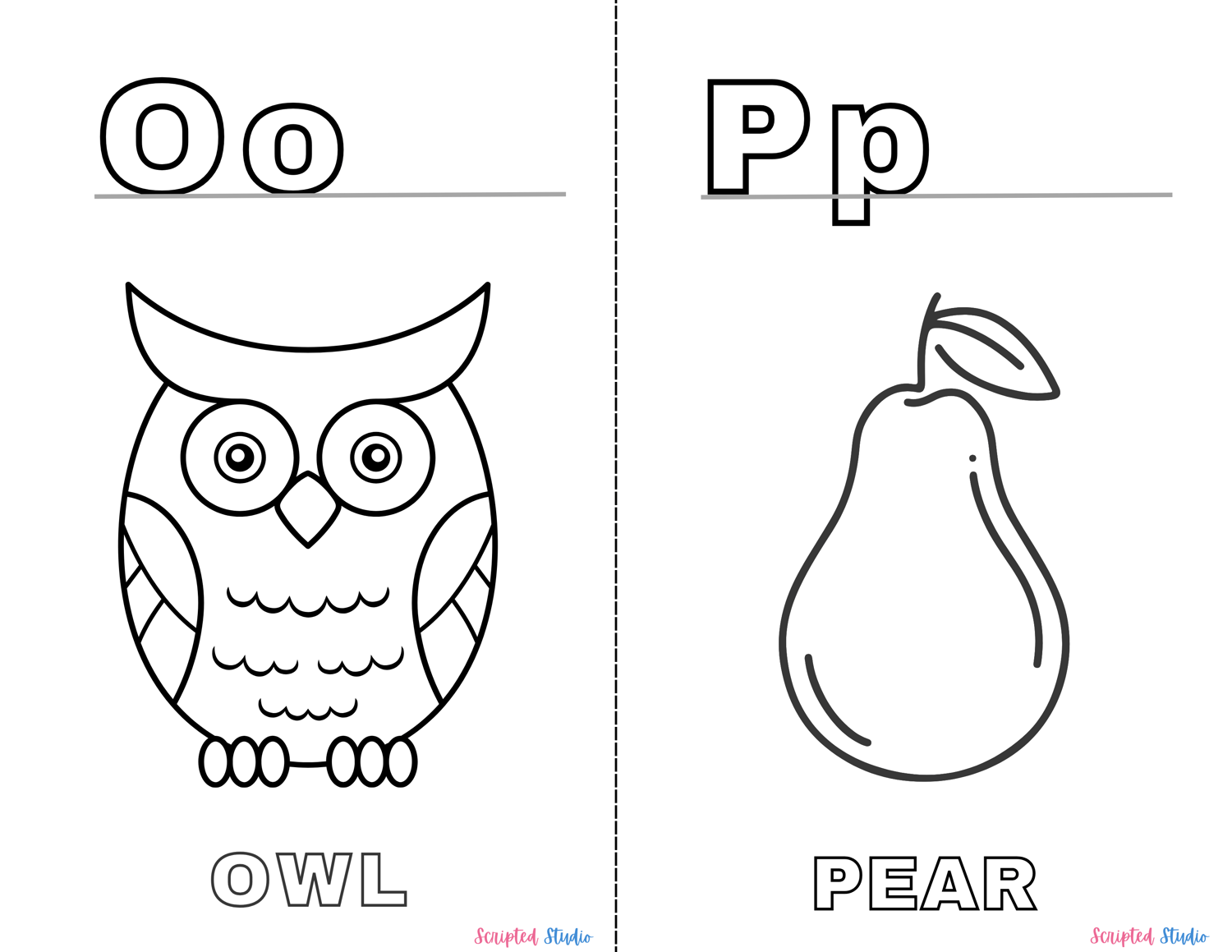 A vibrant coloring book page showing uppercase and lowercase letters alongside fun illustrations like an" "Oo" Owl, "Pp" Pear