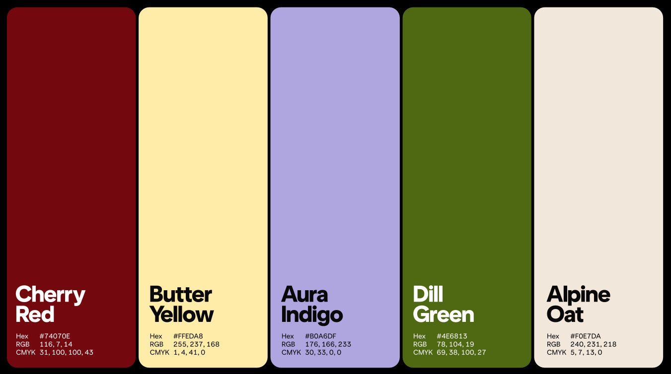 Pinterest's 2025 Color Palette showing five rectangular color swatches arranged horizontally against a black background. From left to right: Cherry Red (#74407E), Butter Yellow (#FFEDA8), Aura Indigo (#B0A6DF), Dill Green (#4E6813), and Alpine Oat (#F0E7D