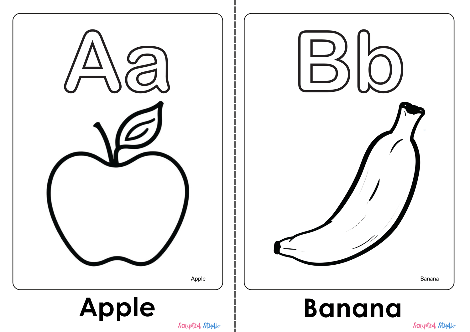 A colorful illustration of an uppercase and lowercase “Aa” with a large apple and “Bb” with a large banana for kids to color.