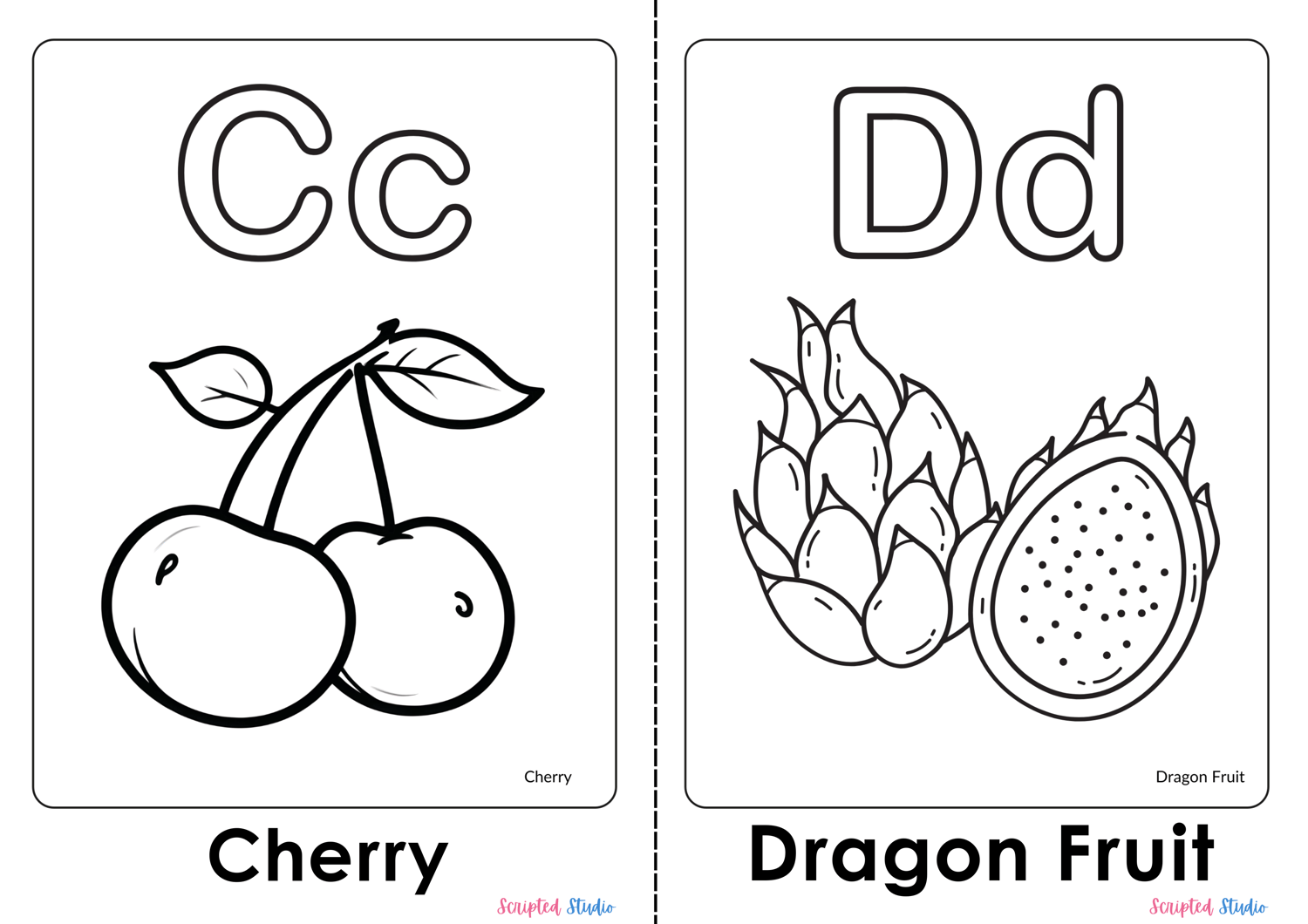 A colorful illustration of an uppercase and lowercase "Cc" Cherry, "Dd" Dragon Fruit