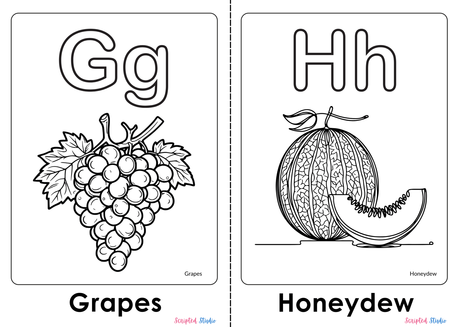 A colorful illustration of an uppercase and lowercase Coloring Flashcards for letters Gg and Hh