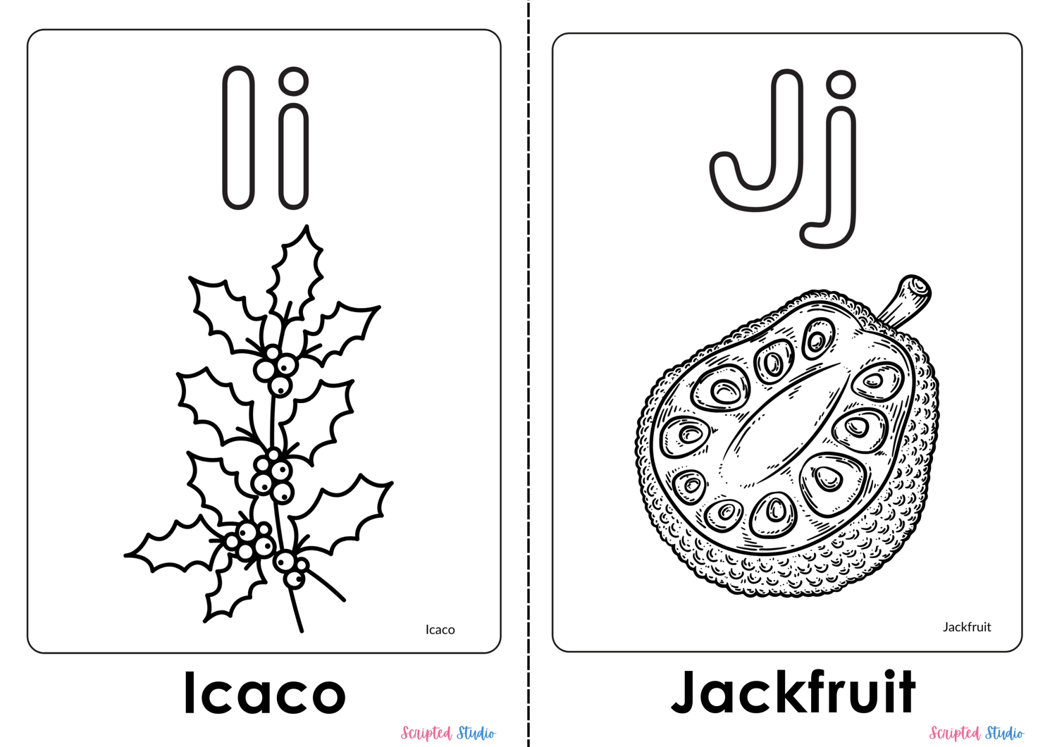 A colorful illustration of an uppercase and lowercase Coloring Flashcards for letters Ii and Jj