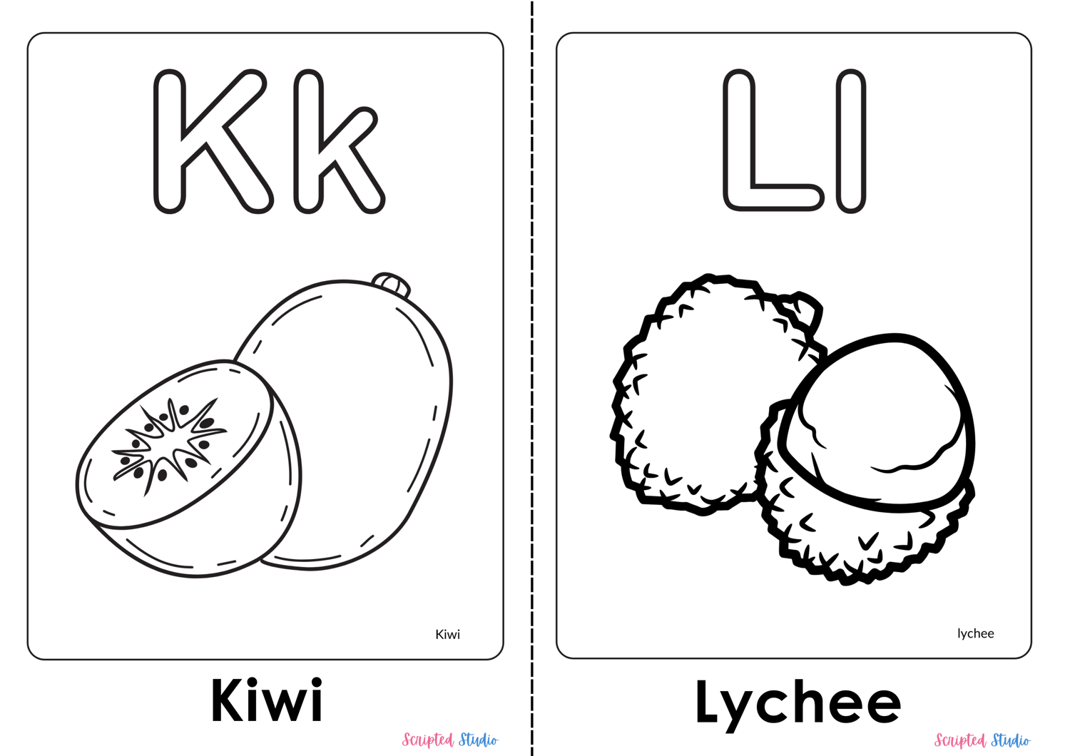 A colorful illustration of an uppercase and lowercase Coloring Flashcards for letters Kk and Ll