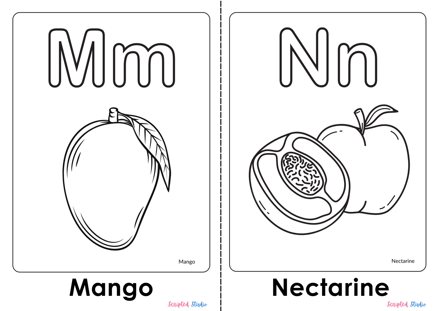 A colorful illustration of an uppercase and lowercase Coloring Flashcards for letters Mm and Nn