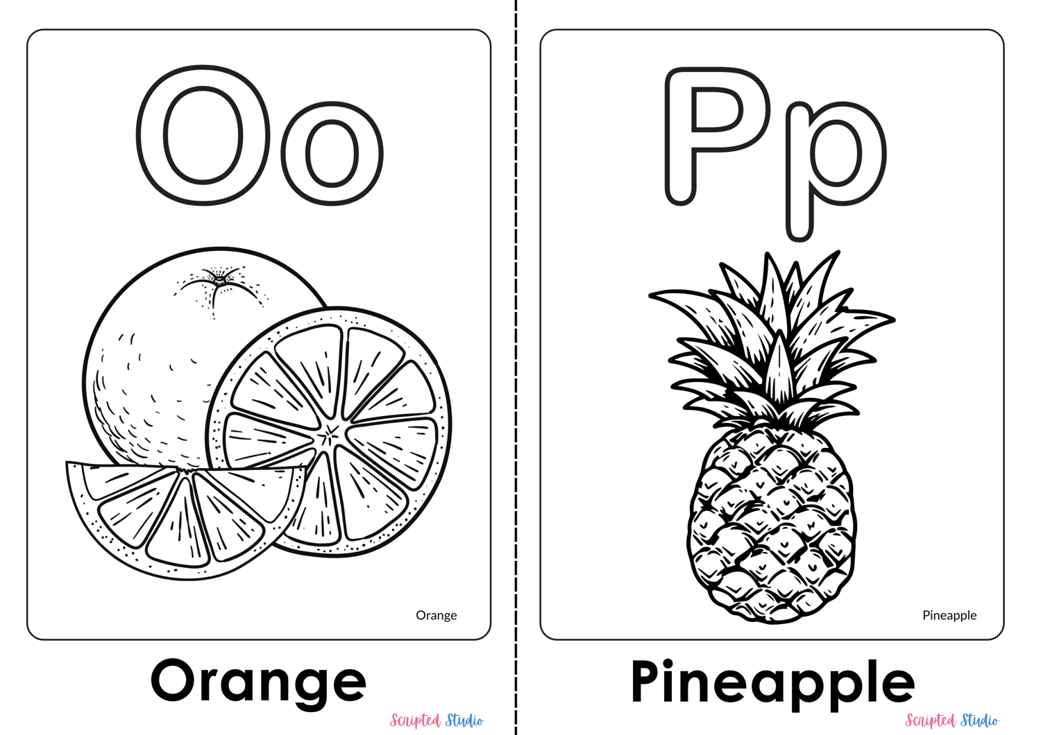 A colorful illustration of an uppercase and lowercase Coloring Flashcards for letters Oo and Pp