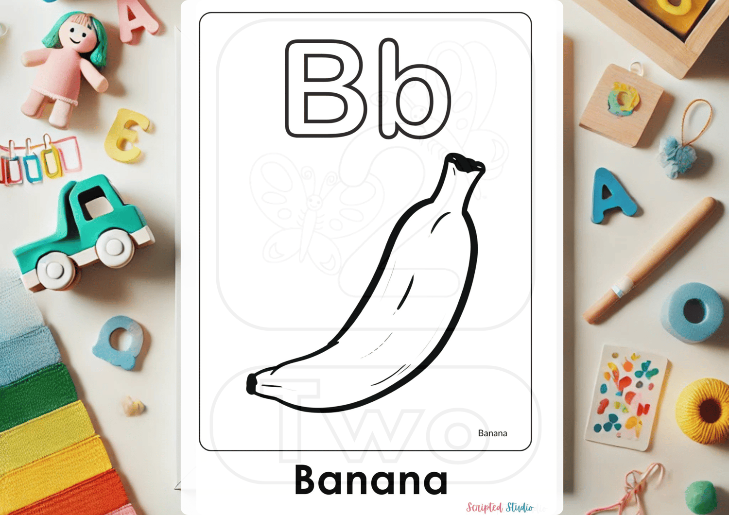 A colorful illustration of an uppercase and lowercase Coloring Flashcards for letters for Bb Banana