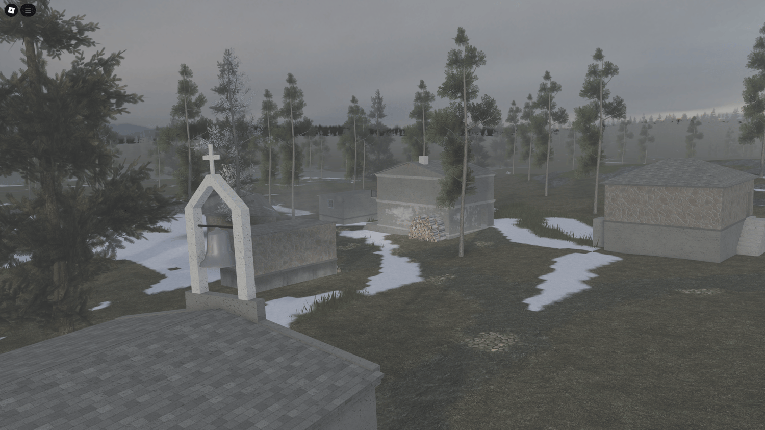 Roblox characters strategizing within a detailed military fort set in the Chechen landscape.