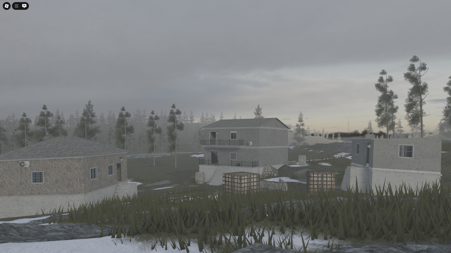 Aerial view of the Chechnya Military Roleplay Map in Roblox, showcasing expansive forests and a winding river.