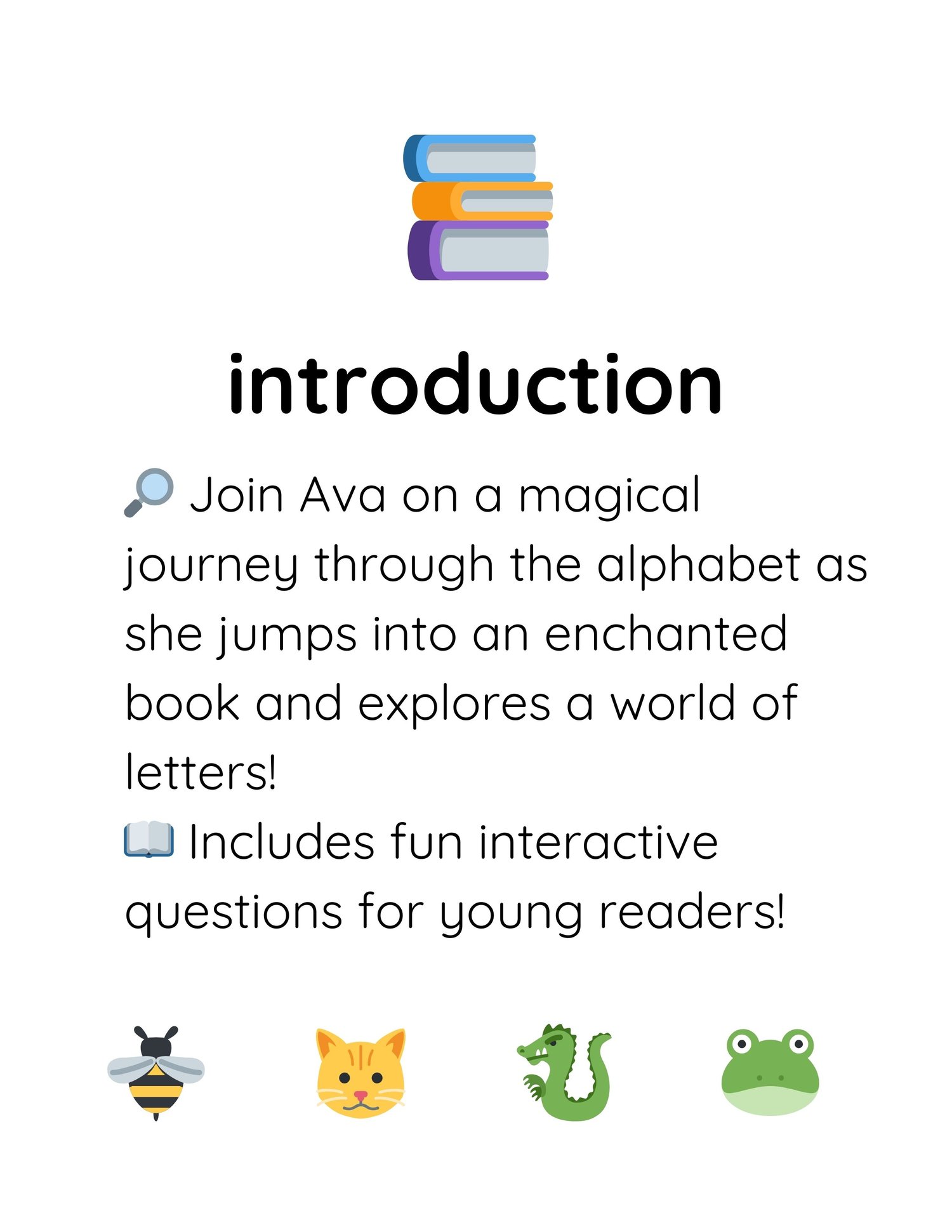 Ava in a magical world, exploring the alphabet in a colorful and adventurous setting. introduction page
