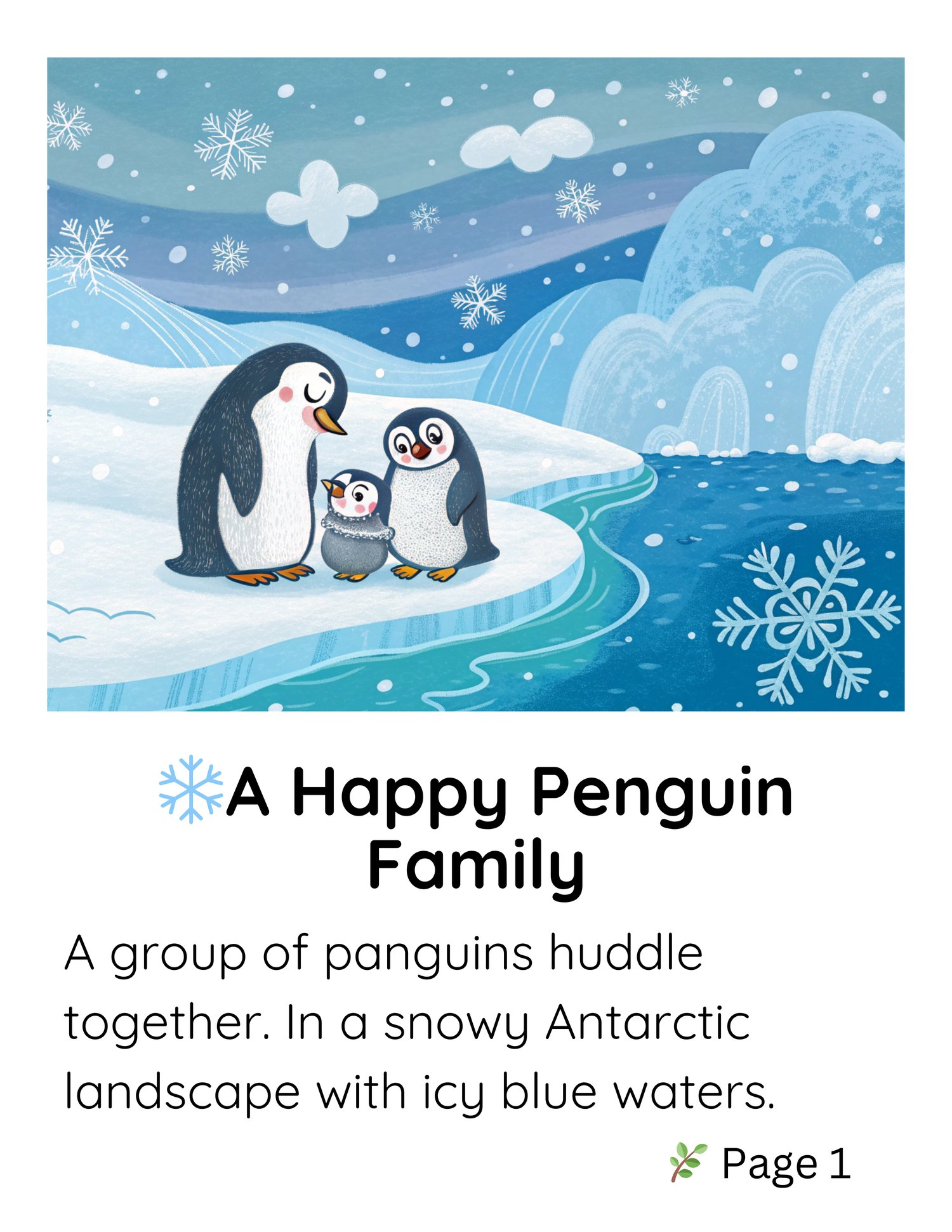 A cute, fluffy penguin looking around in a snowy landscape, searching for his happy Penguin Family