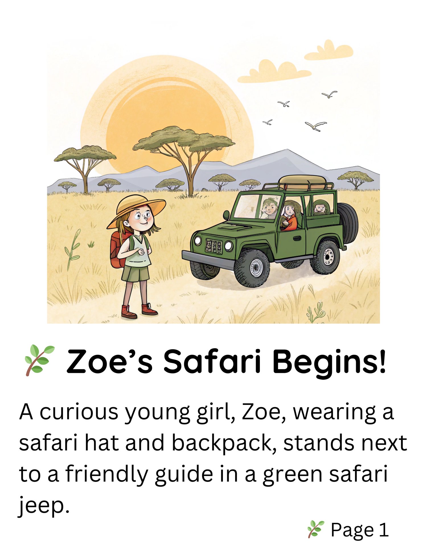 A cheerful Zoe in safari gear surrounded by elephants, lions, and giraffes in a lush jungle setting.