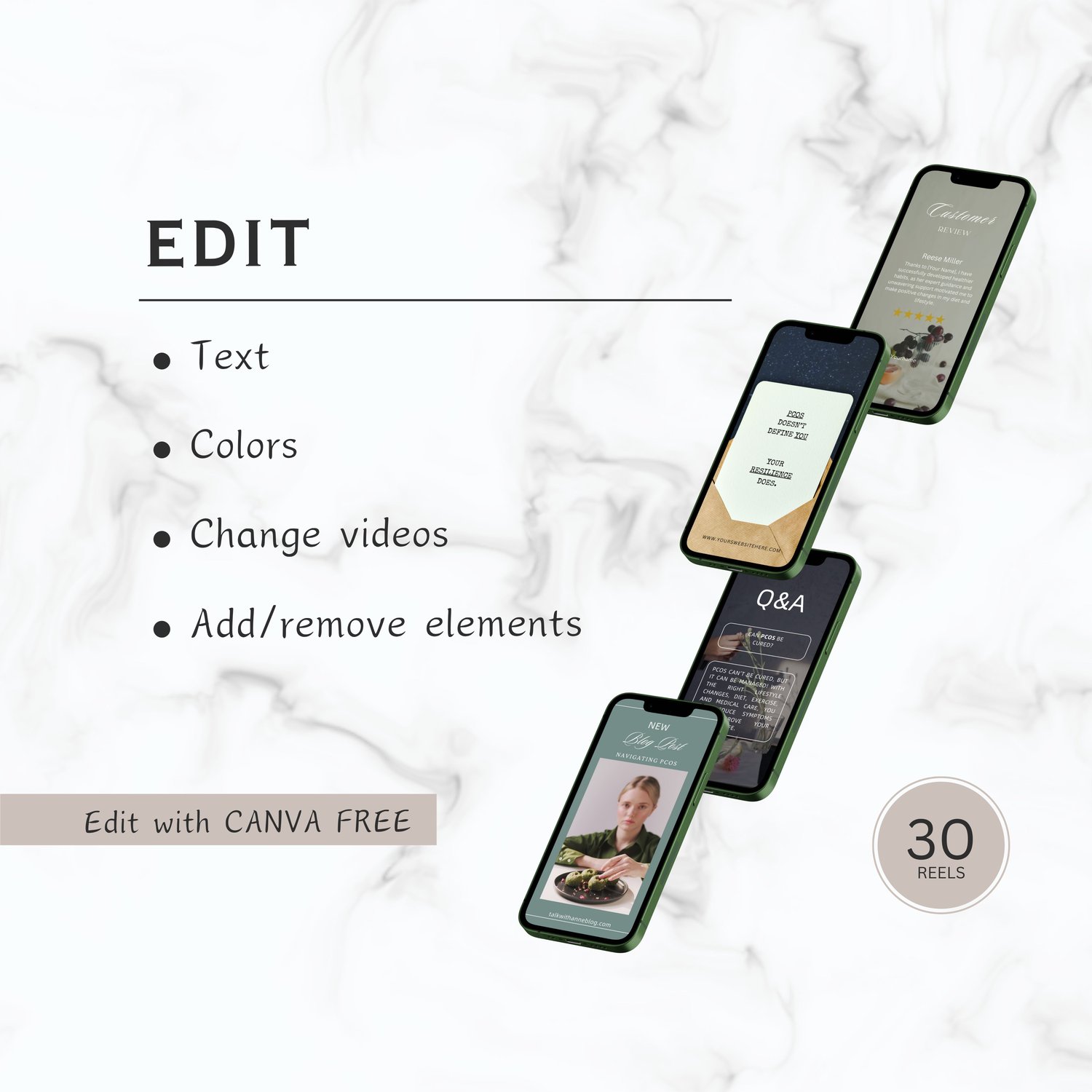 Hormone health and PCOS Instagram reels digital product designed for educators, wellness coaches, and social media managers creating professional women’s health content on Instagram.