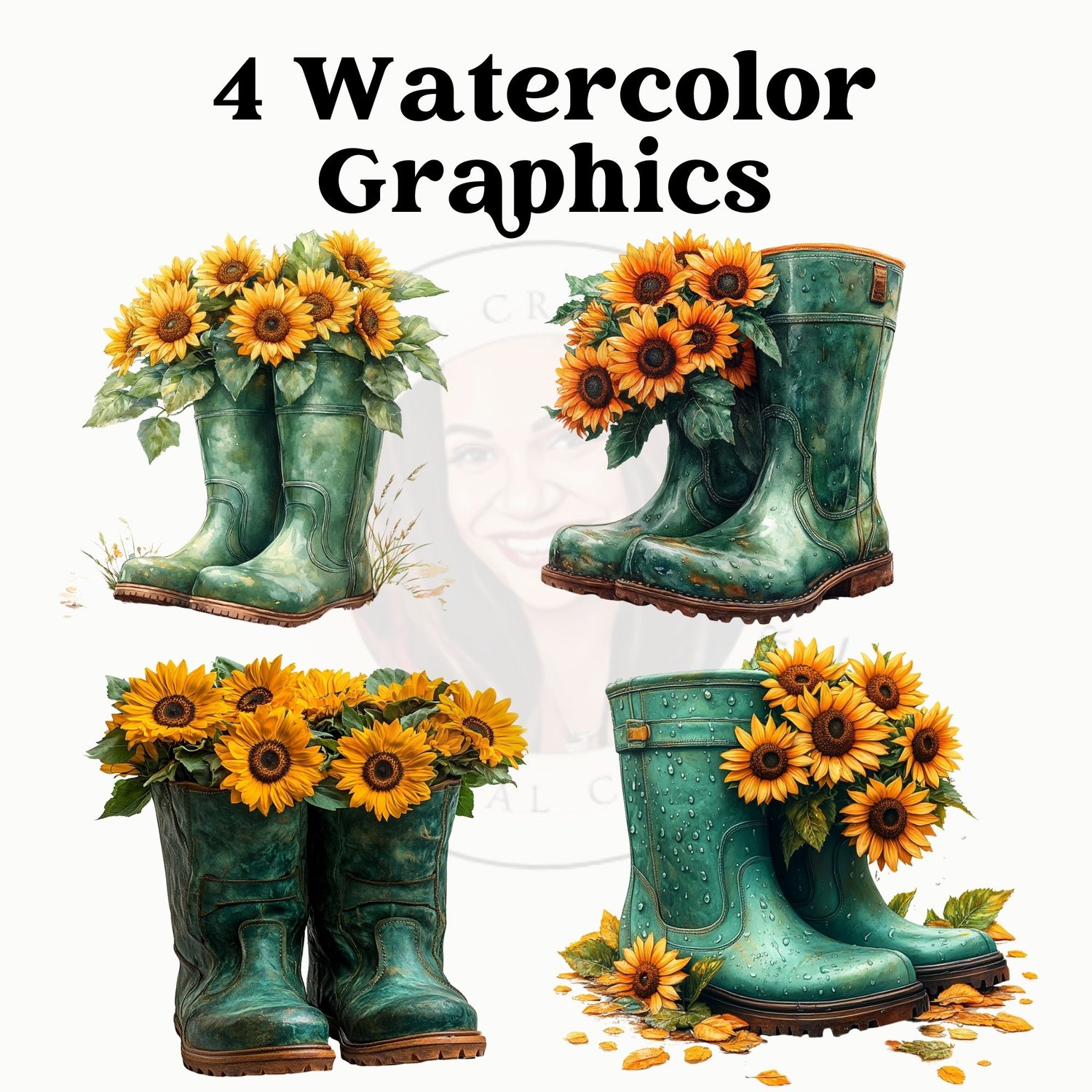 Watercolor Green Wellington Rain Boots Clipart – 4 PNG Images