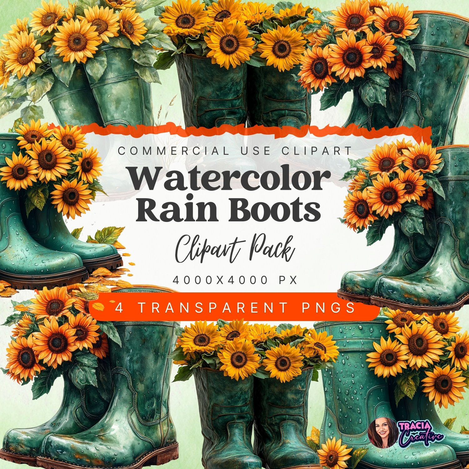 Watercolor Green Wellington Rain Boots Clipart – 4 PNG Images