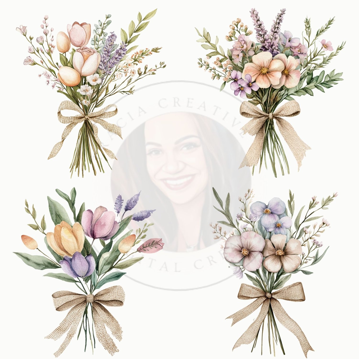 Watercolor Muted Pastel Bouquet Clipart – 12 PNG Images