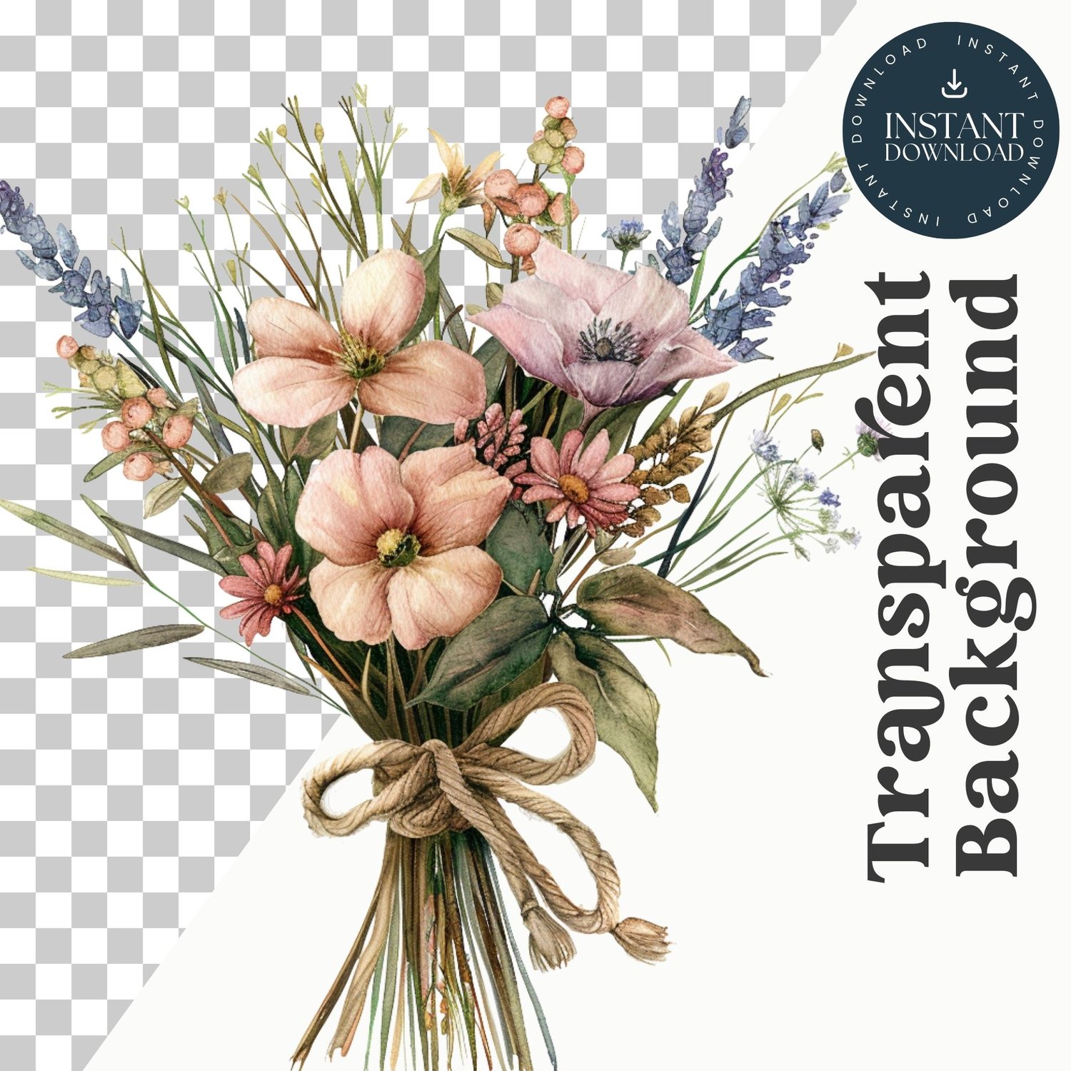 Watercolor Muted Pastel Bouquet Clipart – 12 PNG Images