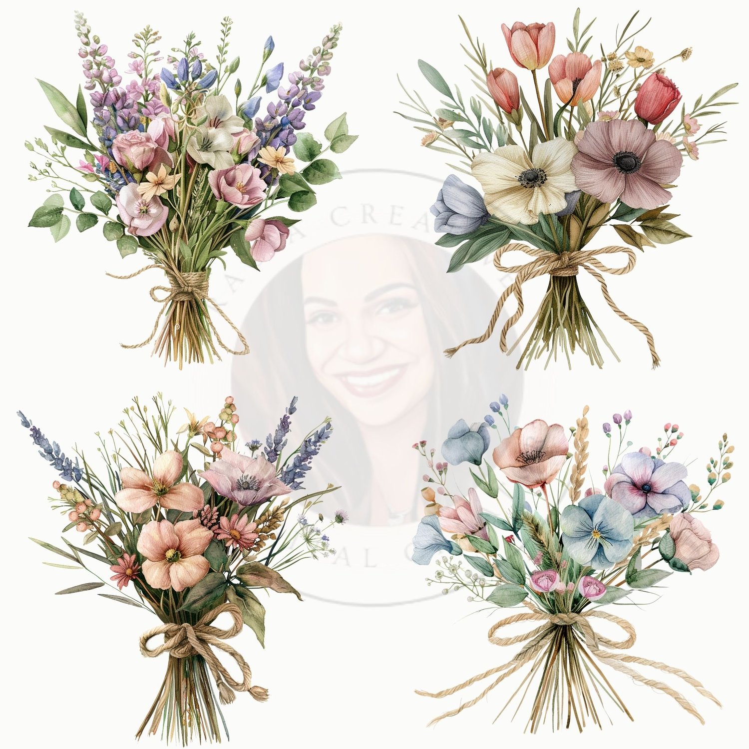 Watercolor Muted Pastel Bouquet Clipart – 12 PNG Images
