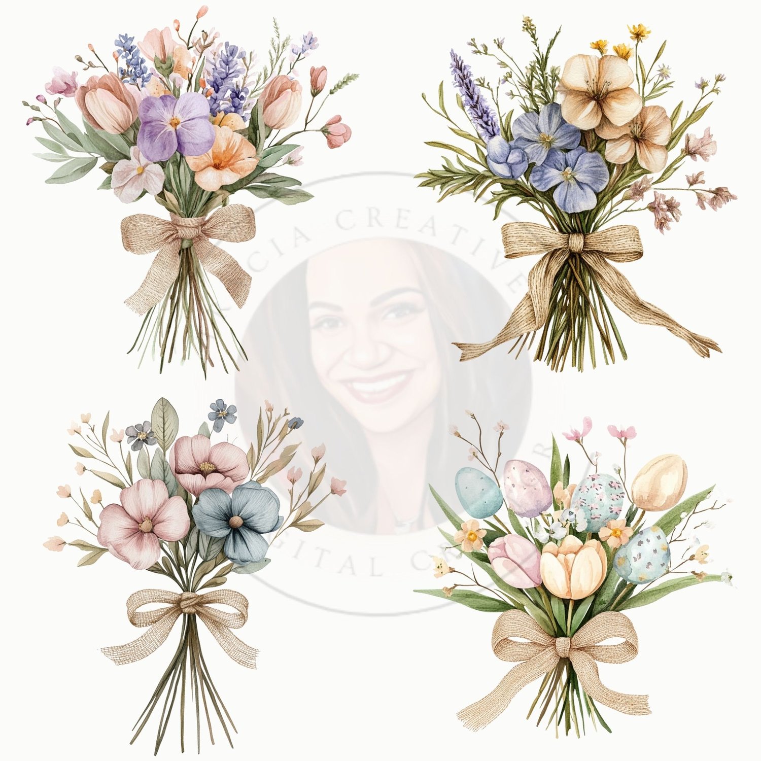 Watercolor Muted Pastel Bouquet Clipart – 12 PNG Images
