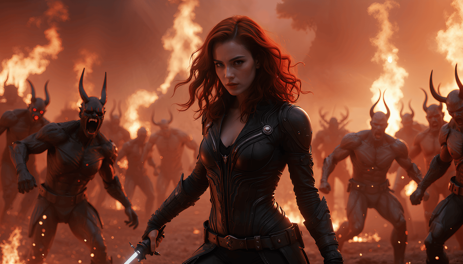 Black widow engaged in battle in hell