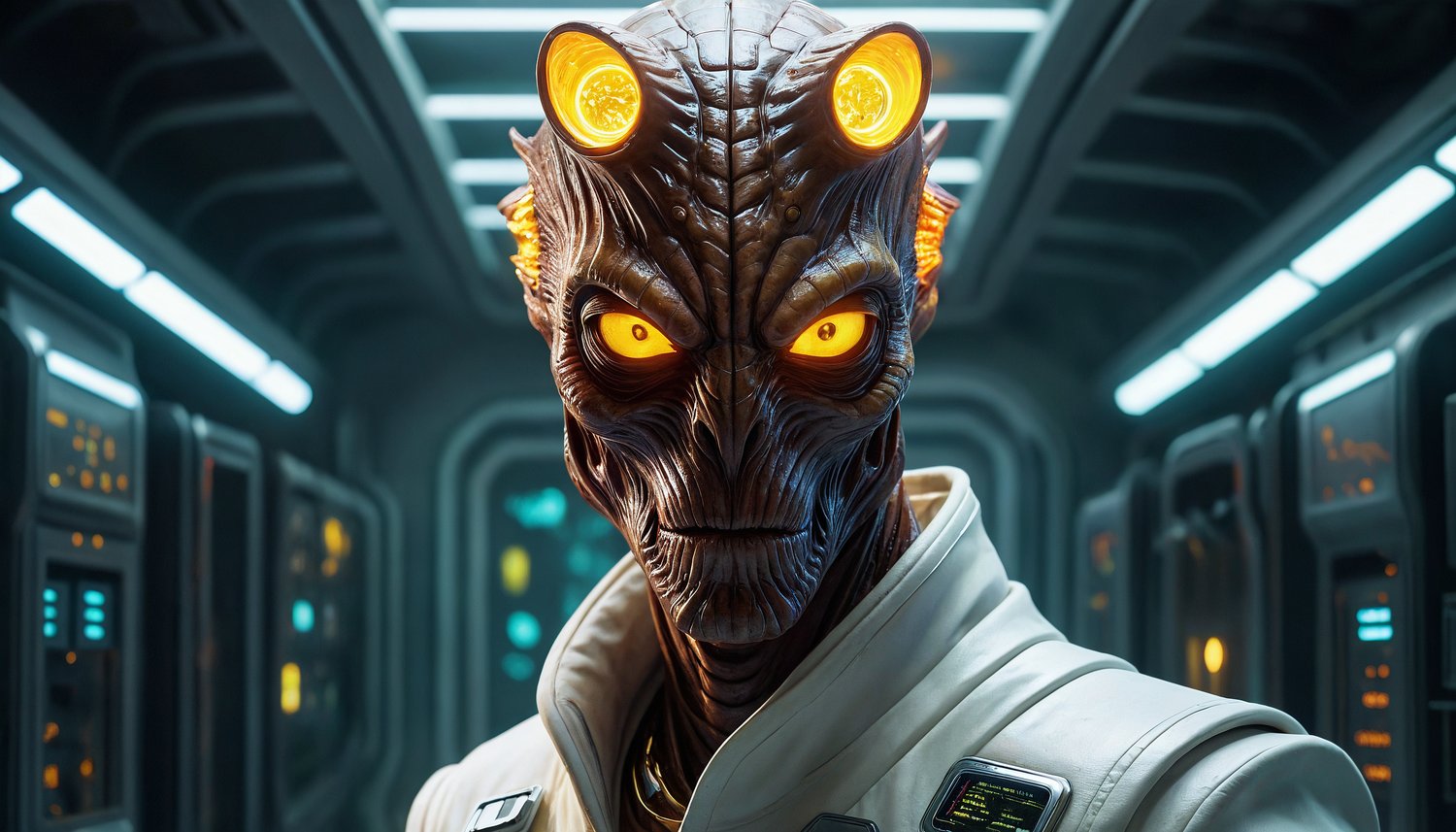 Alien scientist conducting experiments in a lab