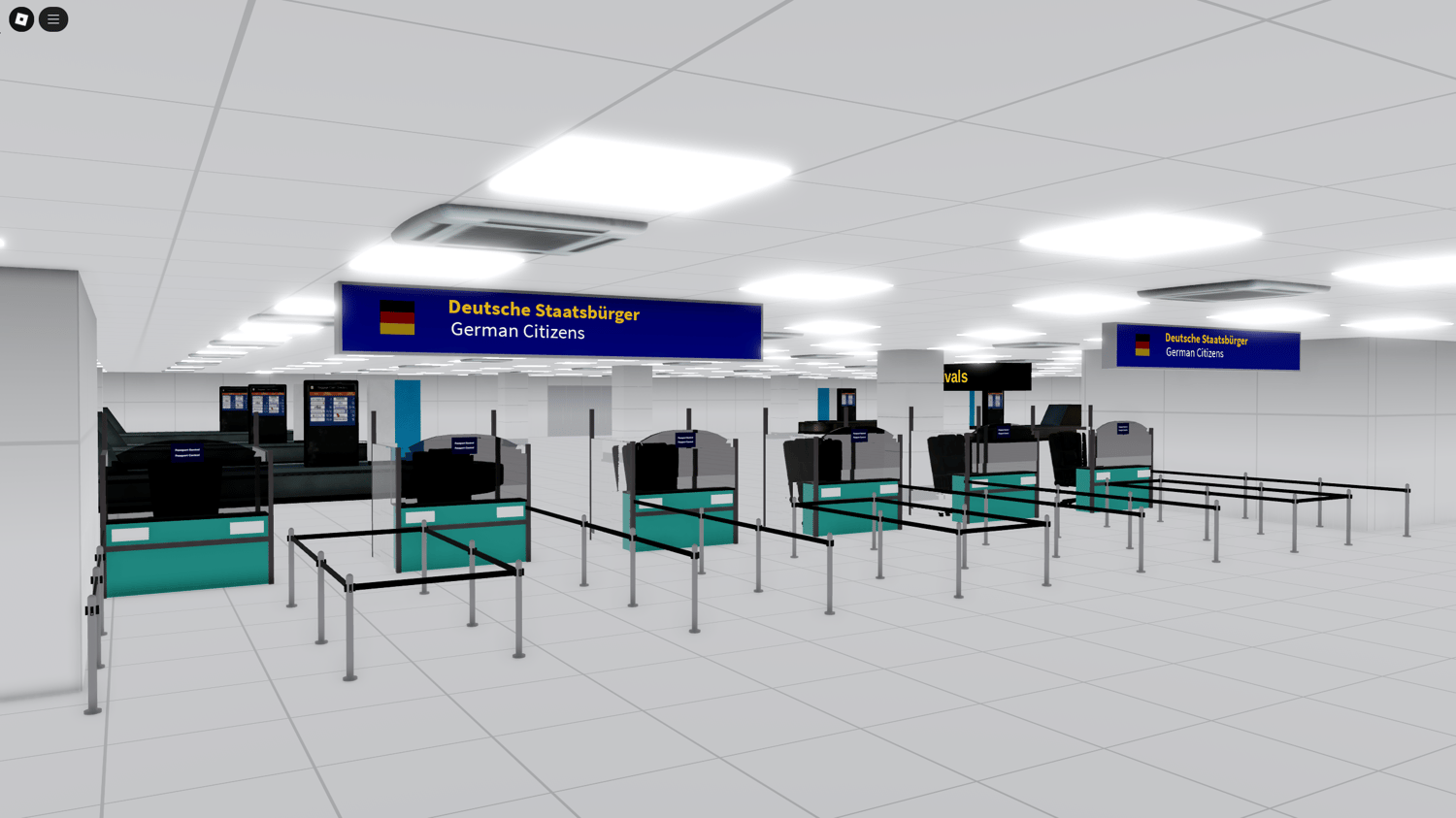 Immersive Roblox airport environment showcasing Frankfurt Airport’s control tower, hangars, and taxiways.