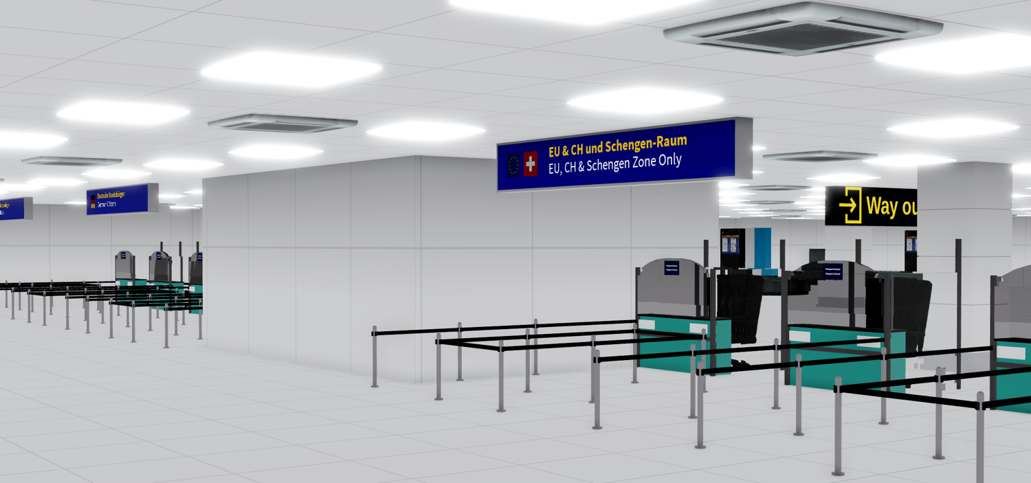 Detailed aerial view of Frankfurt Airport’s terminal structures and aircraft parking zones in Roblox.