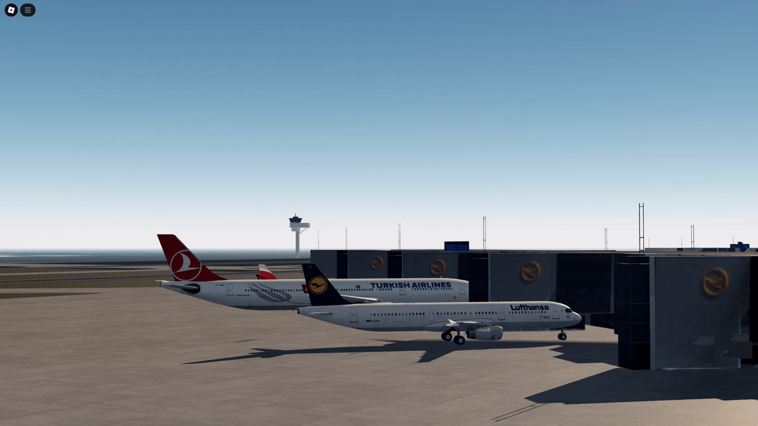 Aviation game map featuring Frankfurt Airport’s terminal layout, jet bridges, and aprons.