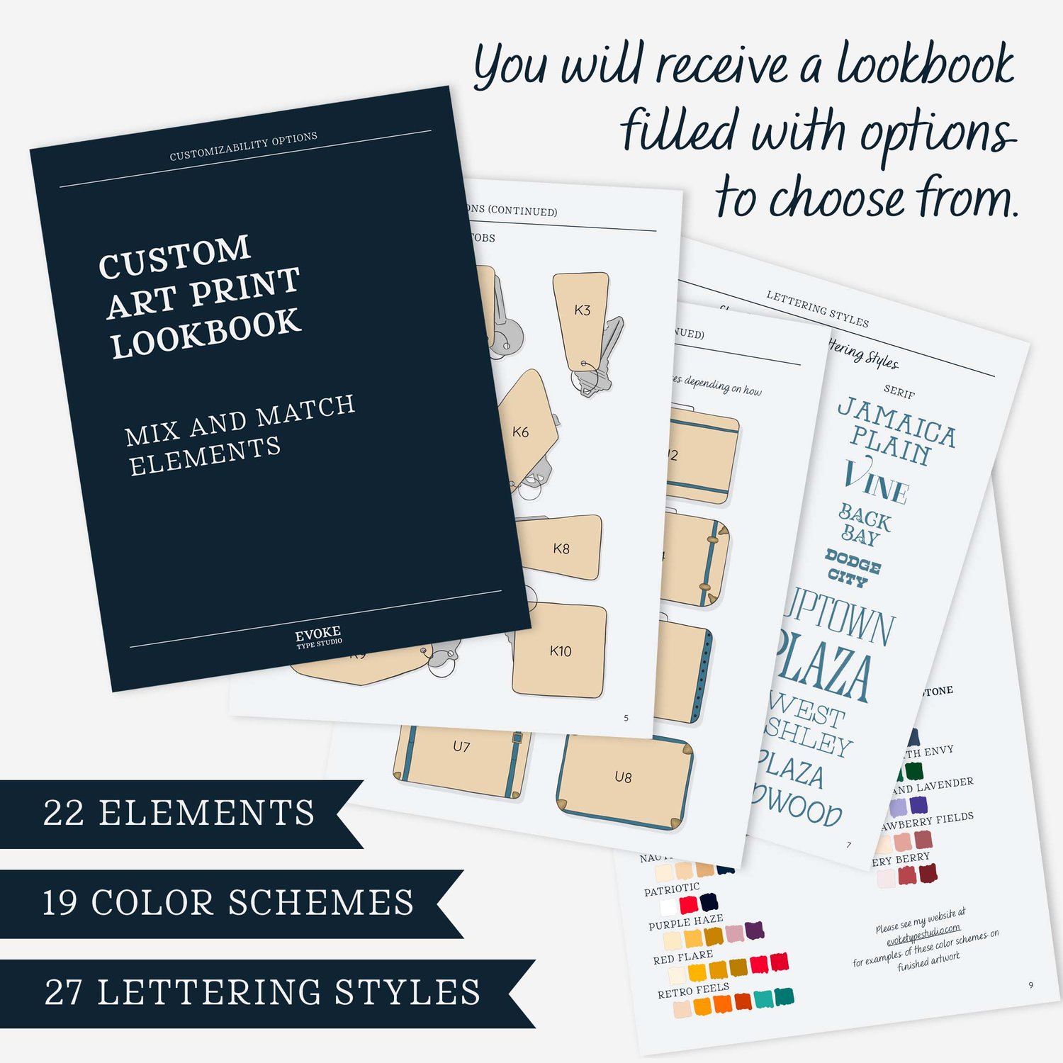 A group of papers from a guidebook with text that reads “You will receive a lookbook filled with options to choose from. 22 Elements. 19 Color Schemes. 27 Lettering Styles.”