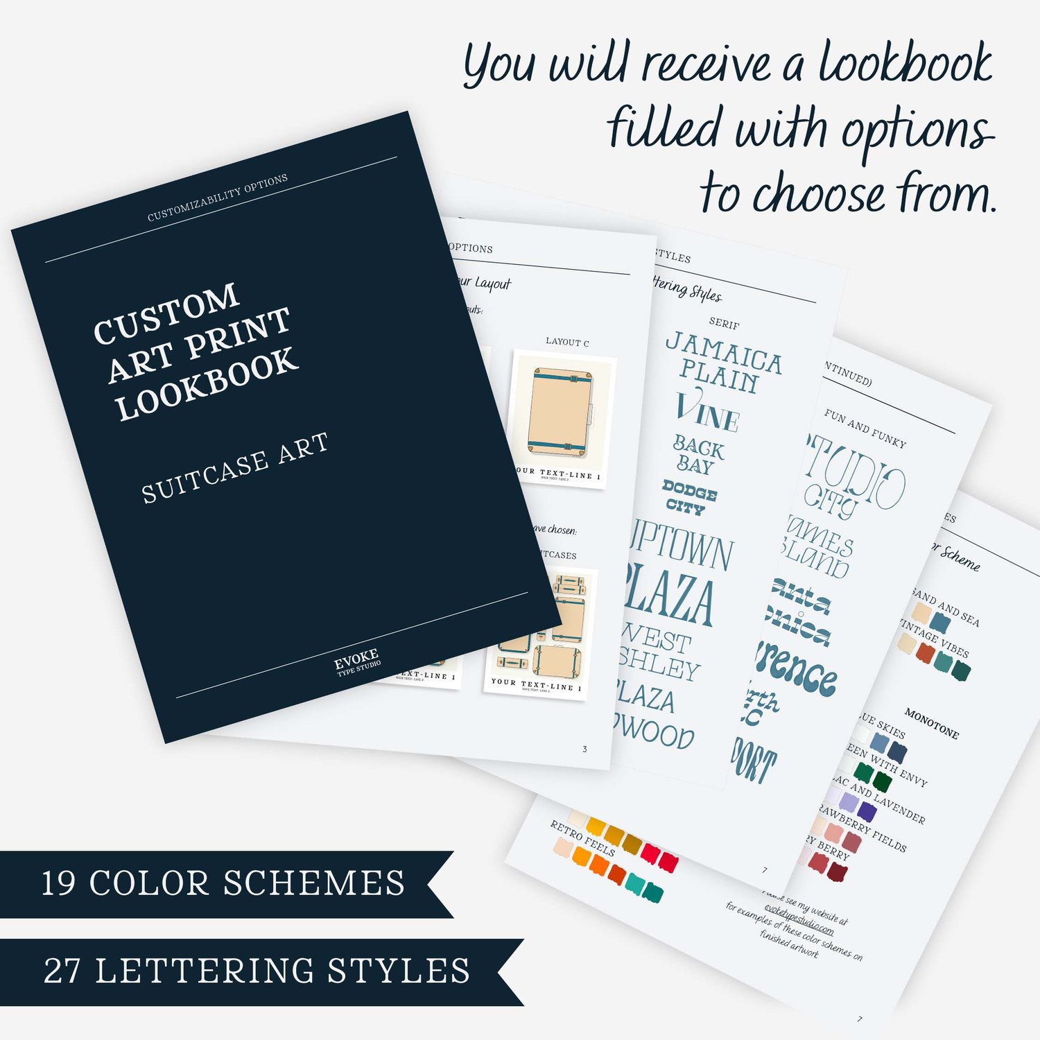 A group of papers from a guidebook with text that reads “You will receive a lookbook filled with options to choose from. 19 Color Schemes. 27 Lettering Styles.”