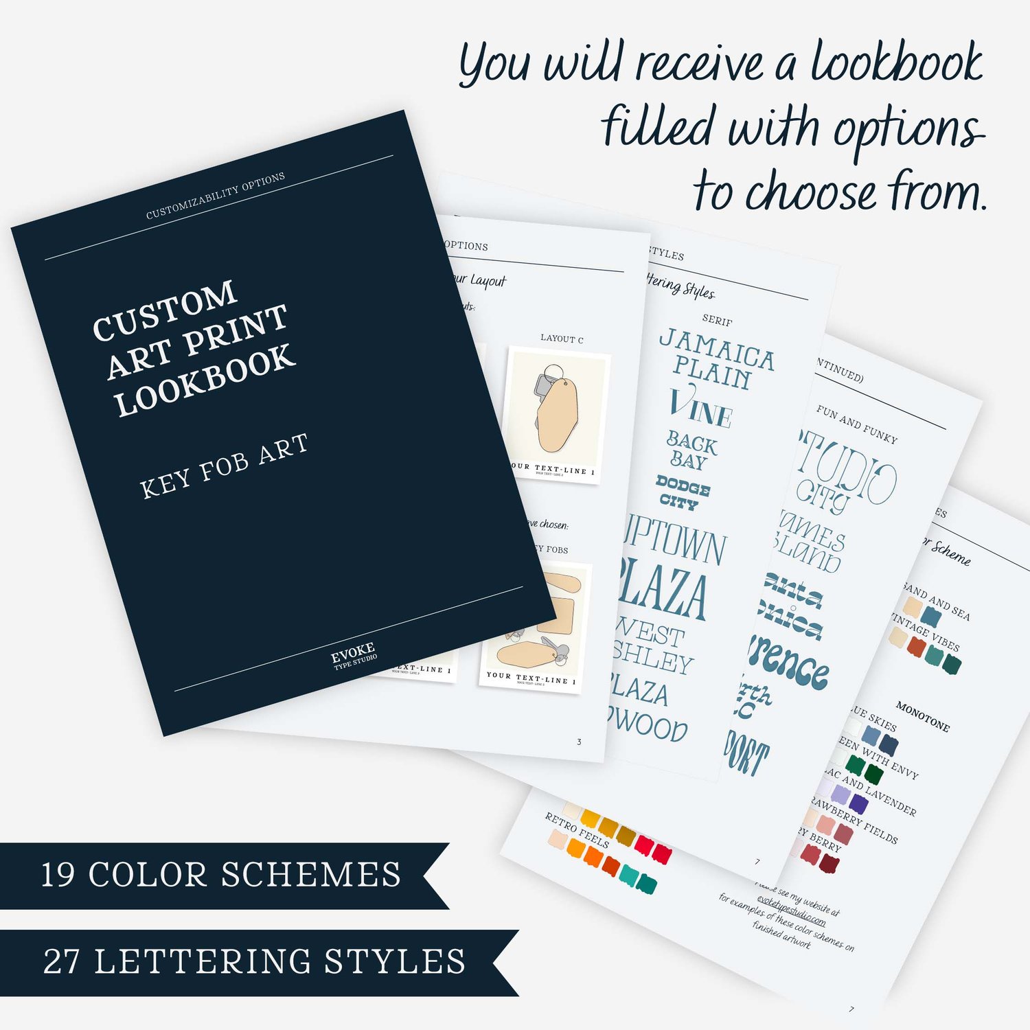 A group of papers from a guidebook with text that reads “You will receive a lookbook filled with options to choose from. 19 Color Schemes. 27 Lettering Styles.”