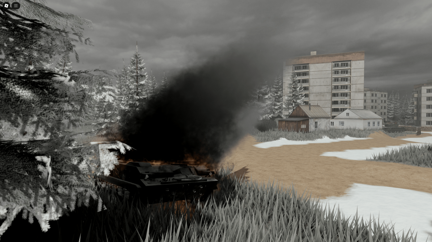Destroyed vehicles and war-torn streets in a Ukraine war-themed Roblox map.