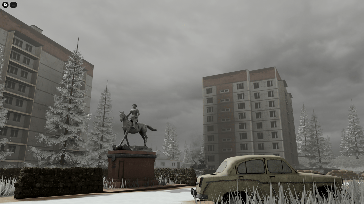Realistic war-damaged landscape featuring abandoned structures and debris.