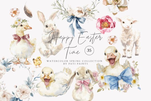 Watercolor Happy Easter Time Collection of Digital Cliparts DIY Elements