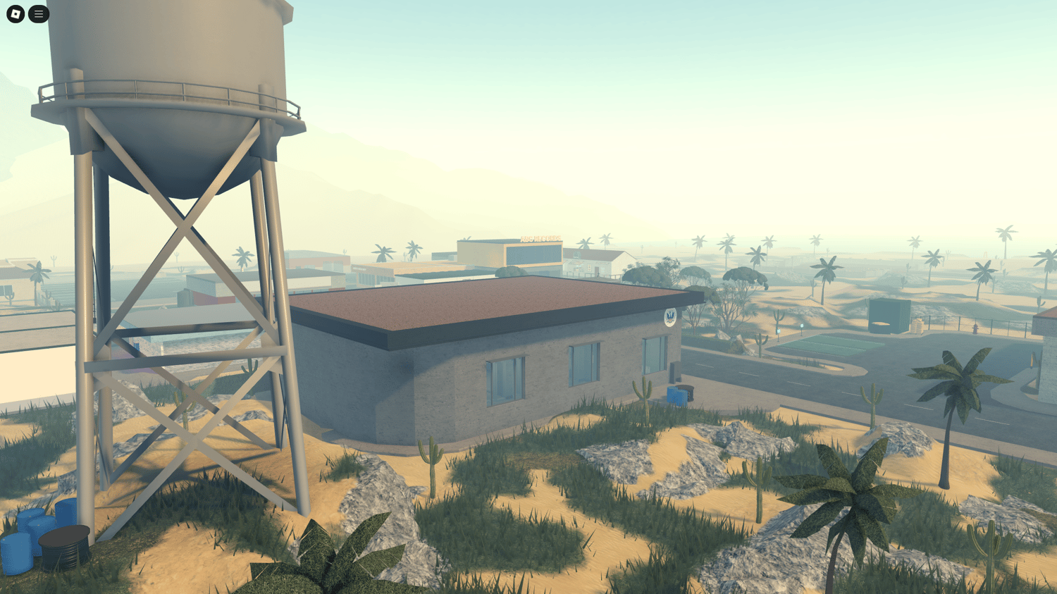 Border patrol spawn area with operational buildings and security tools.
