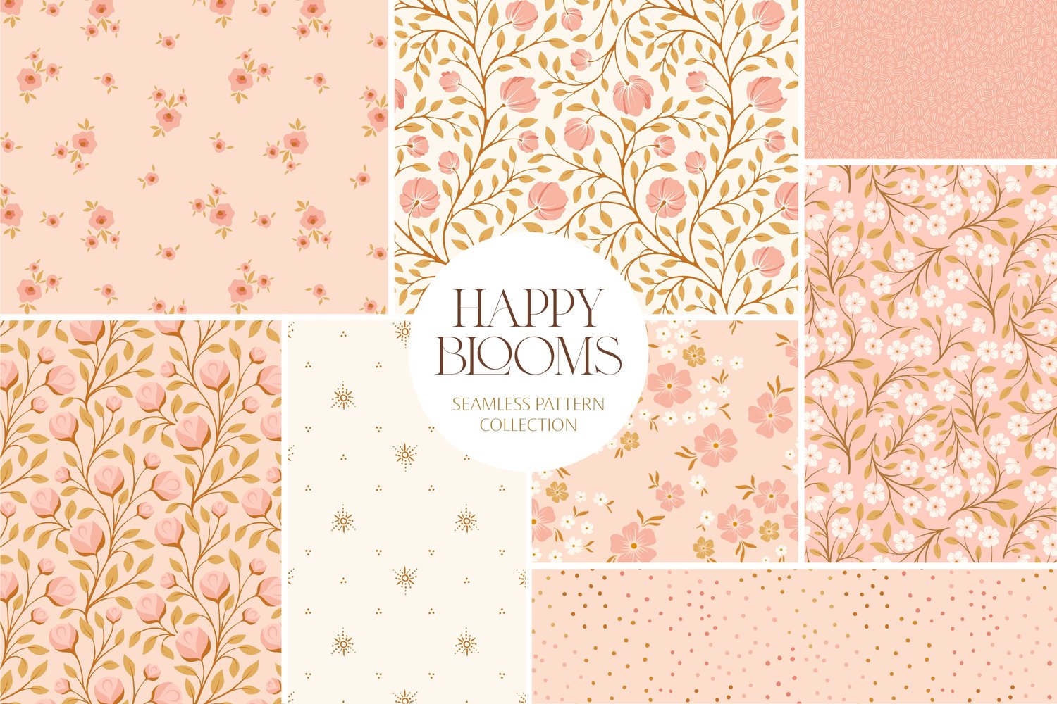 seamless surface pattern collection featuring flowers, vines, and leaves in a pink, brown, gold, and cream color palette
