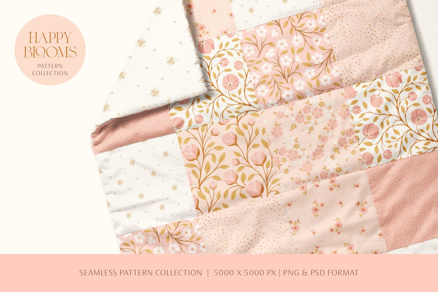 seamless surface pattern collection featuring flowers, vines, and leaves in a pink, brown, gold, and cream color palette