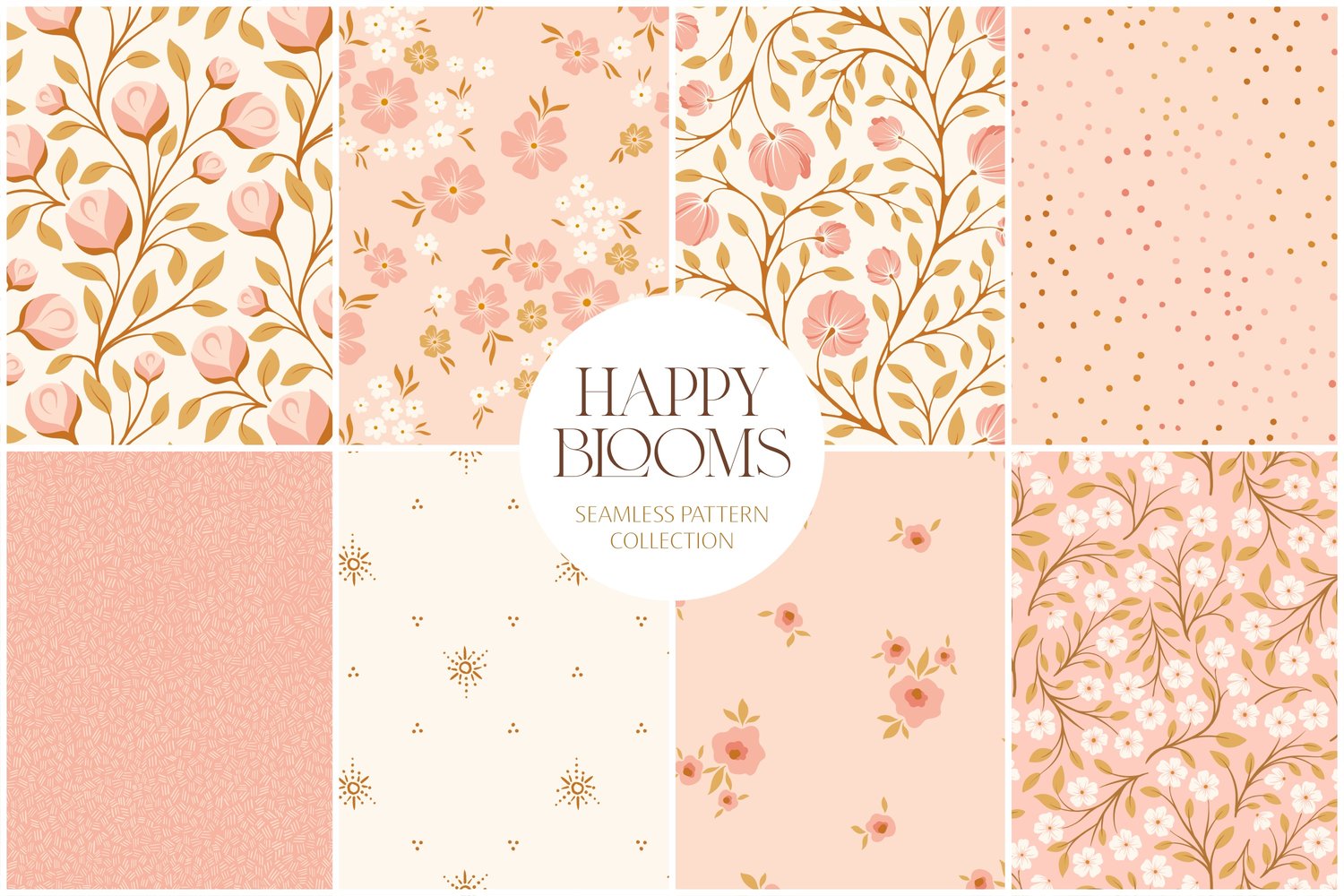seamless surface pattern collection featuring flowers, vines, and leaves in a pink, brown, gold, and cream color palette