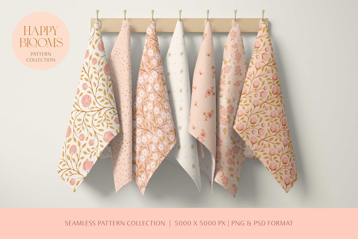 seamless surface pattern collection featuring flowers, vines, and leaves in a pink, brown, gold, and cream color palette