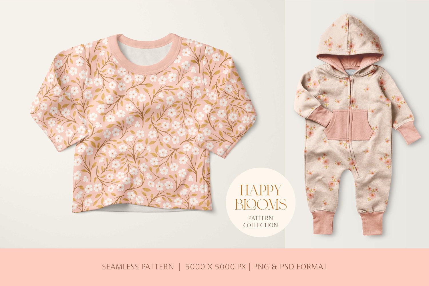 seamless surface pattern collection featuring flowers, vines, and leaves in a pink, brown, gold, and cream color palette