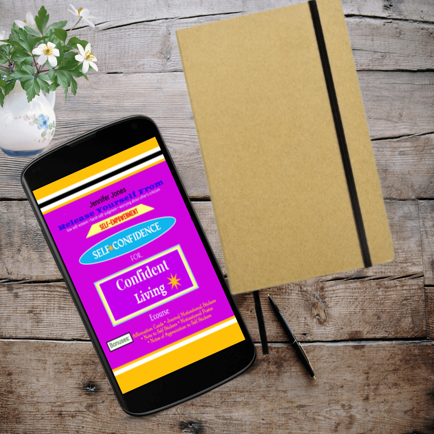 This is a display of "Self-Empowerment: Self-Confidence for Confident Living Ecourse", by Jennifer Jones, shown on a phone. A vase with flowers is above the phone to the left and a journal and pen are beside the phone on the table.