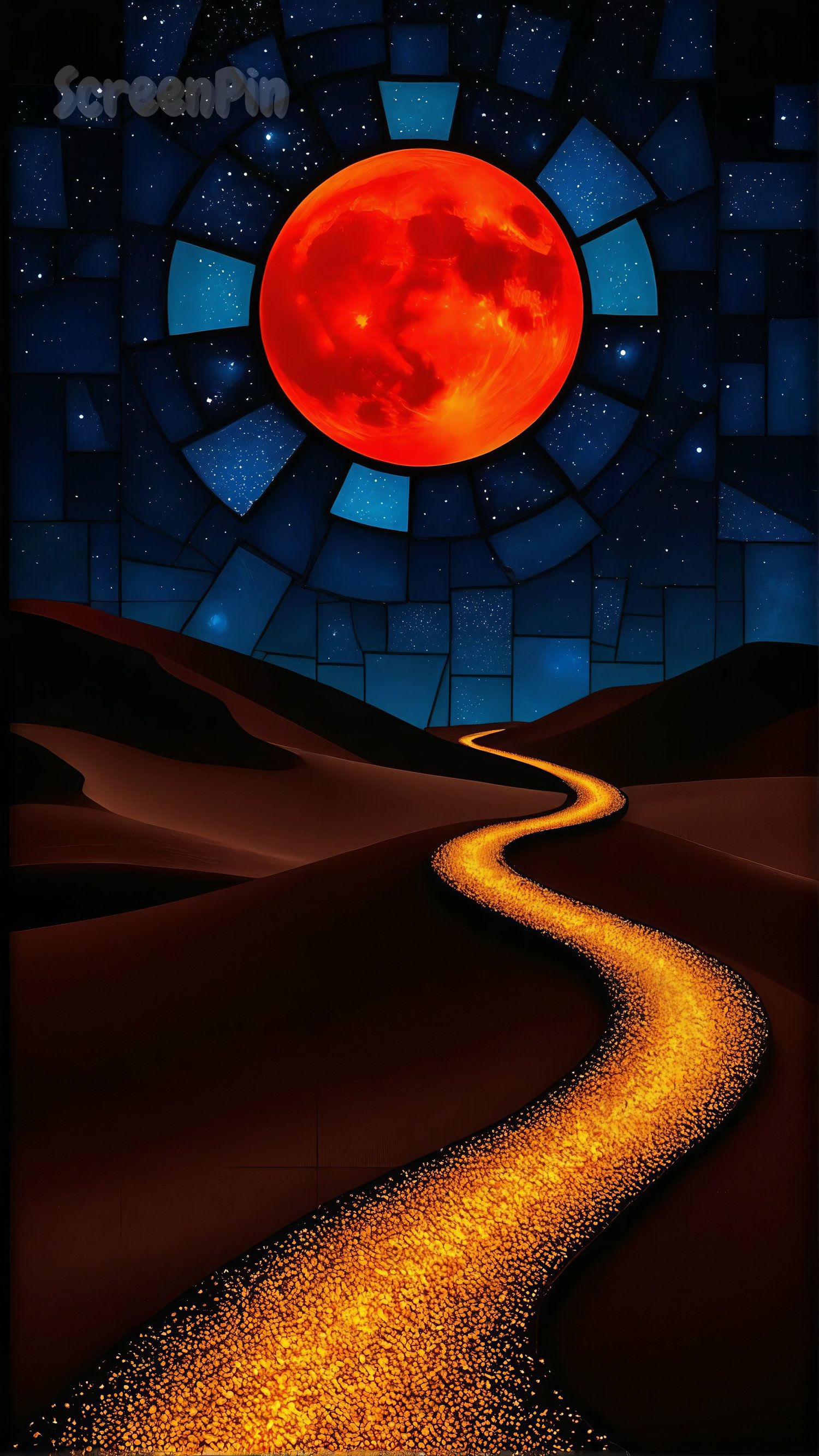 A surreal digital artwork depicting a massive red moon rising over dark dunes, creating a mysterious and atmospheric night landscape.
