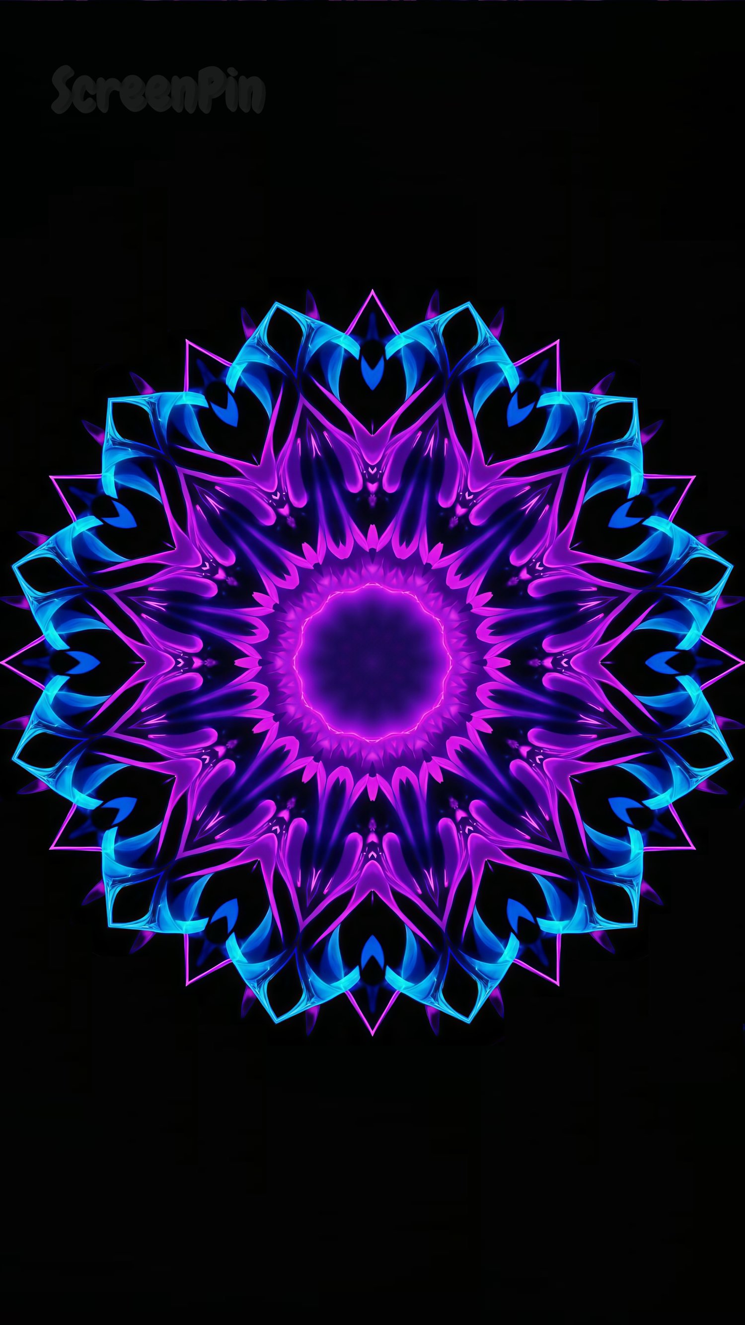 A glowing neon mandala in shades of purple and blue set against a deep black background, featuring intricate symmetrical patterns.