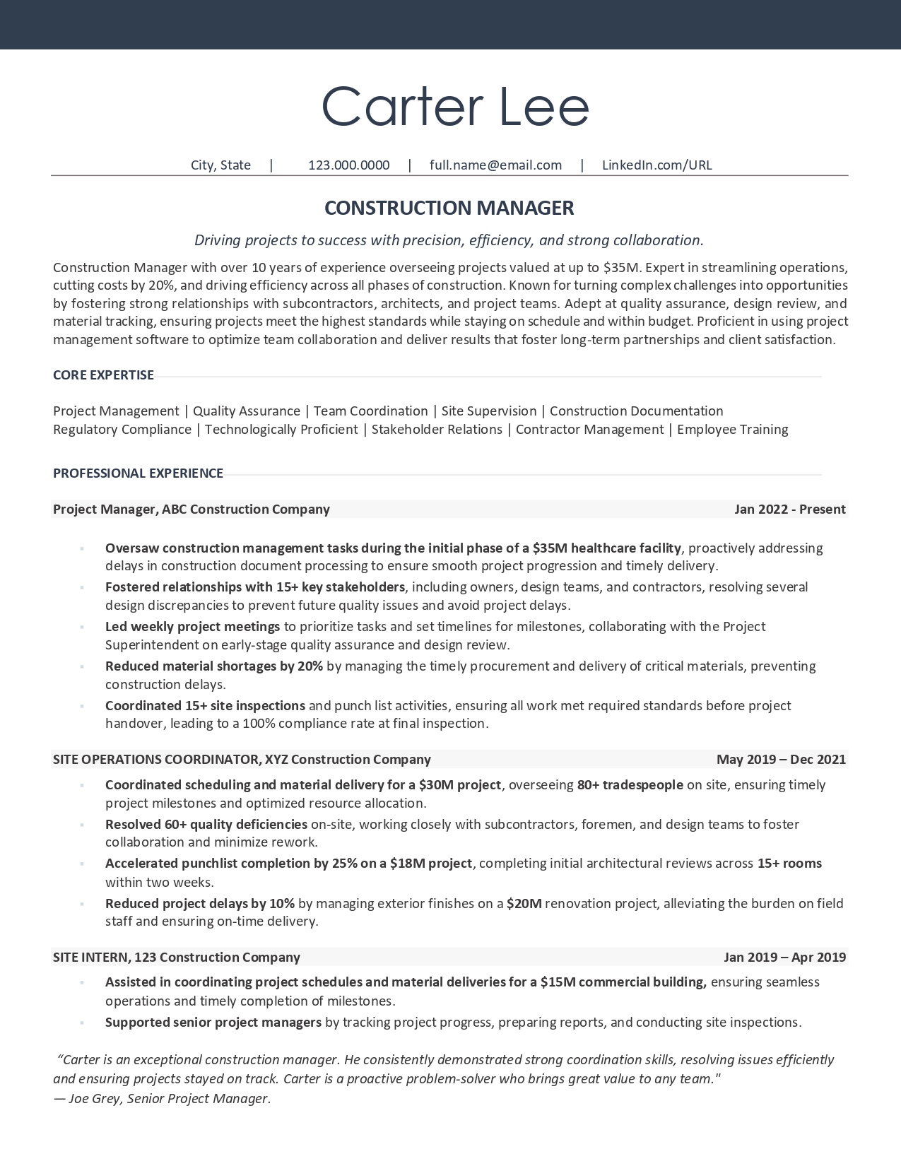 Example resume for Carter Lee who is a construction manager