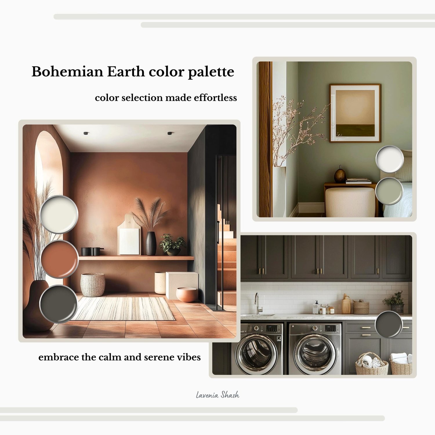 Boho color palette for home interior with Sherwin Williams paint scheme by Lavenia Shash.