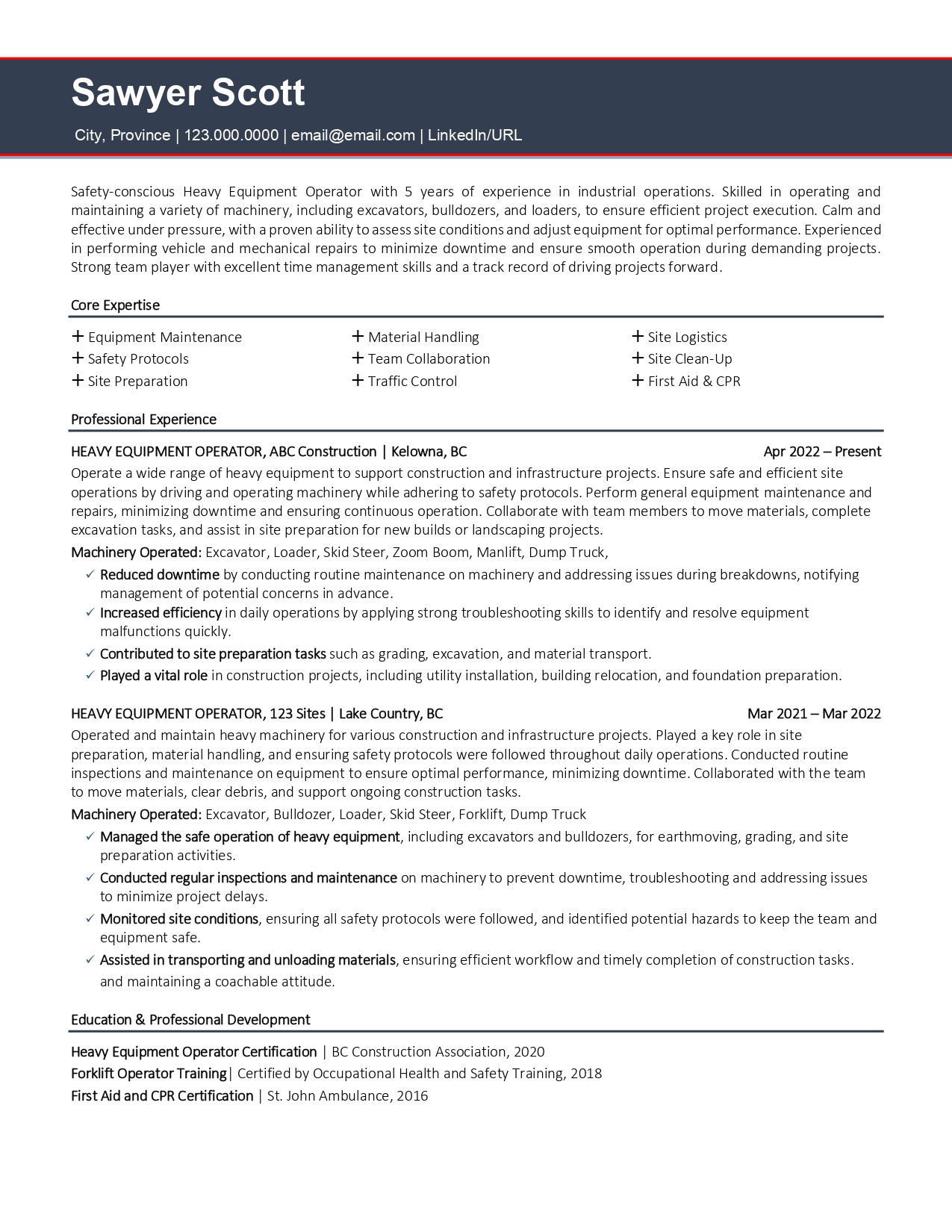 Heavy equipment manager resume sample